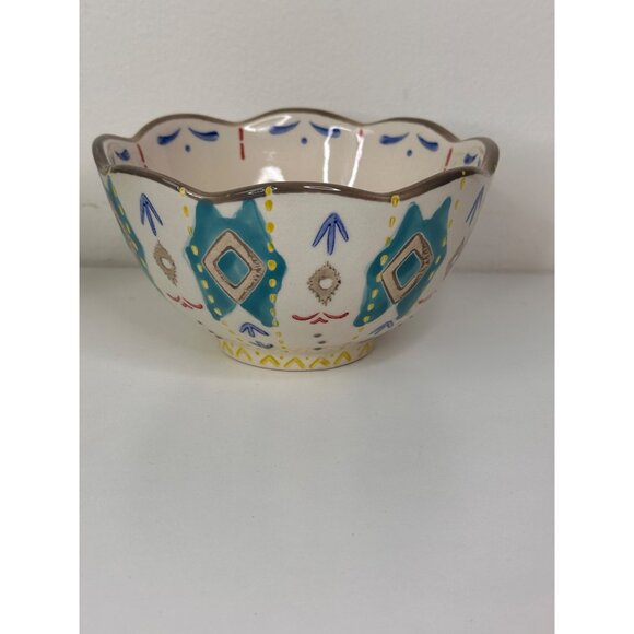 Set Of 4 Hand-Painted Southwest Aztec Boho Ceramic Bowls With Scalloped Edges - Picture 9 of 11